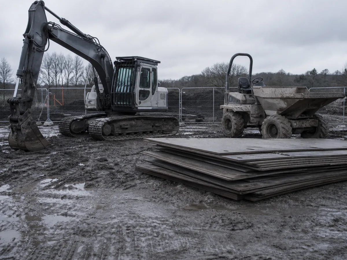 A muddy construction site compound with a tracked excavator, a small dumper and stacked steel road plates behind temporary fencing.