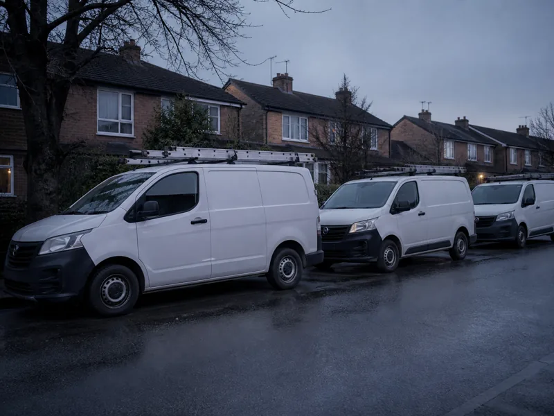 Three white service vans with roof ladder racks parked kerbside on a British suburban street at dusk.